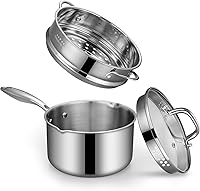 Vista 1 de Sartén de acero inoxidable de tres capas con cesta de vapor y tapa de vidrio colador, olla multifunción 2 en 1 para cocinar al vapor, hervir