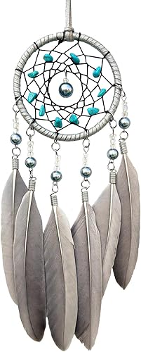 Miniatura 2 de Atrapasueños pequeños para espejo retrovisor de coche, colgante hecho a mano con plumas grises y turquesa atrapasueños para decoración colgante de