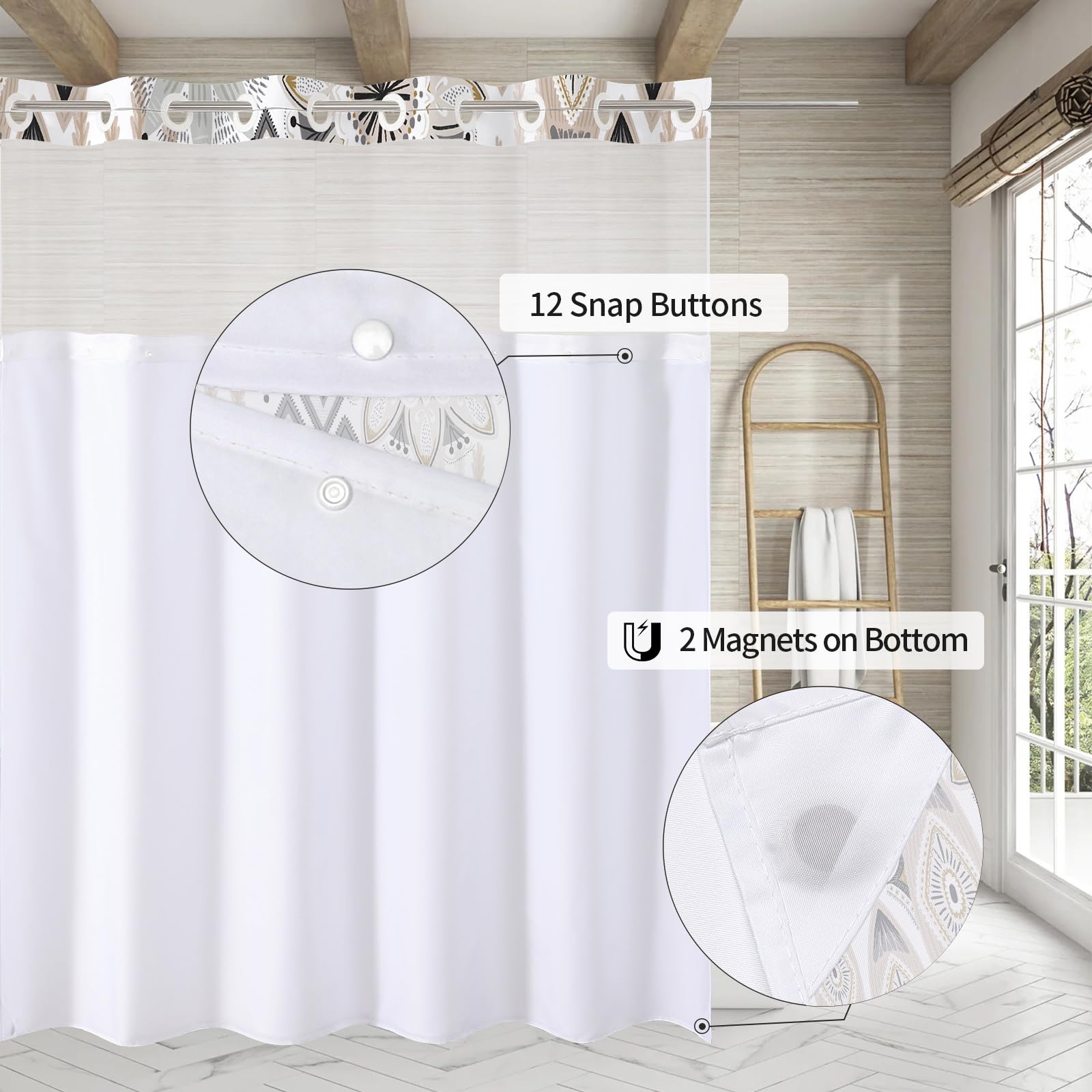 MitoVilla No Hooks Needed Boho Floral Shower Curtain Set with Snap-in Liner, Modern Abstract Flower Fabric Cloth Shower Curtain for Rustic Vintage Hotel Spa Bathroom Decor, 72 x 74