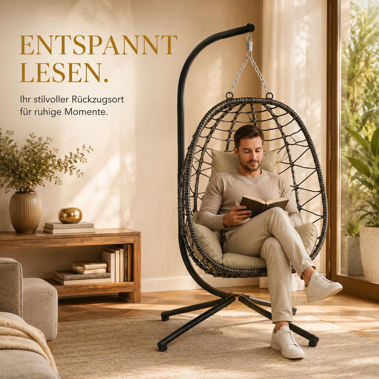 Hängesessel mit Gestell höhenverstellbar Indoor & Outdoor inkl. Kissen - Korbhängesessel bis 150 kg Garten Schaukel aus Polyrattan faltbar ergonomisch - Wohnzimmer Balkon Terrasse in Grün/Grau