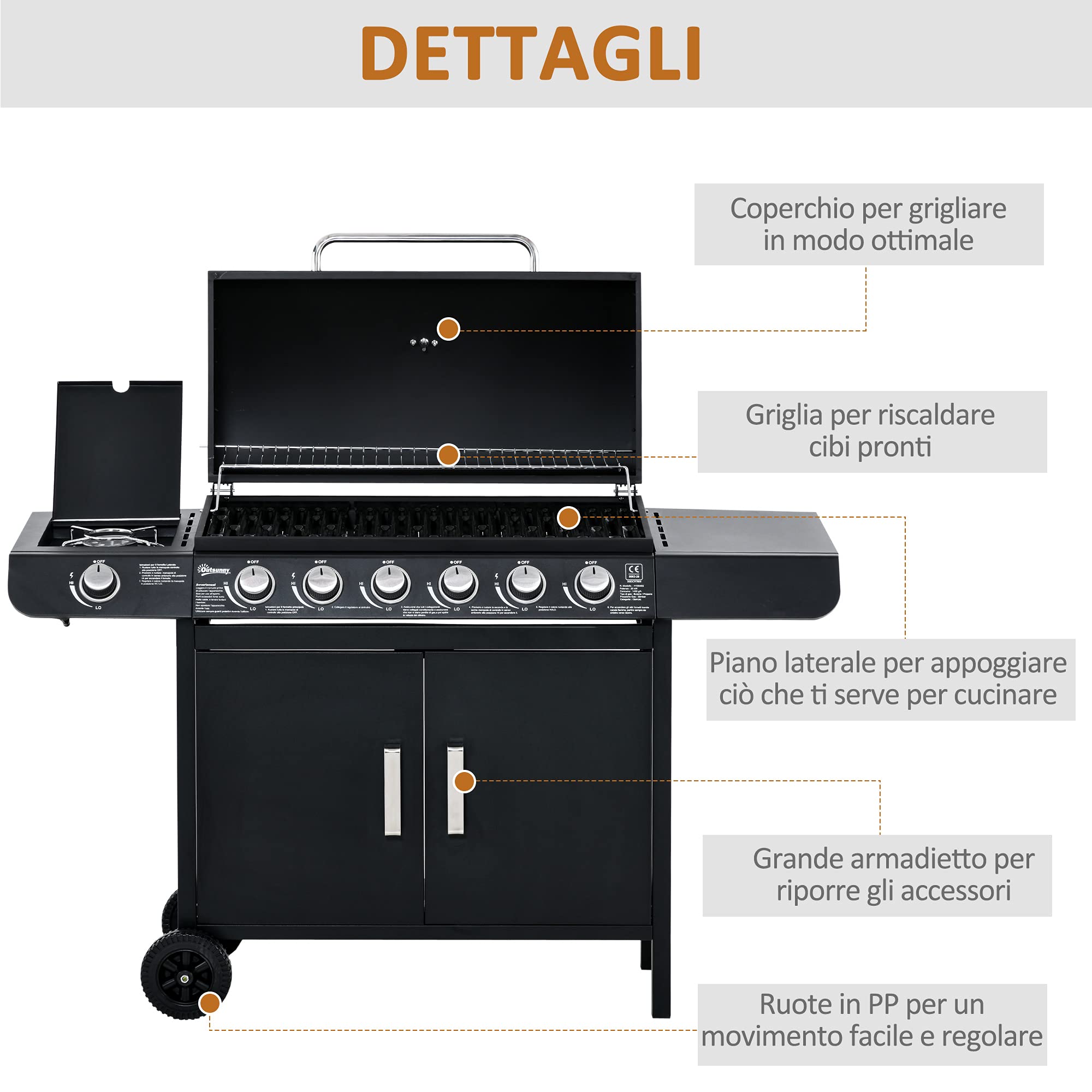 Outsunny Barbecue a Gas con Coperchio, 7 Bruciatori Totali da 20kW e Fornello Laterale, Termometro, Mensola e 2 Ruote, 135x50x100cm Nero