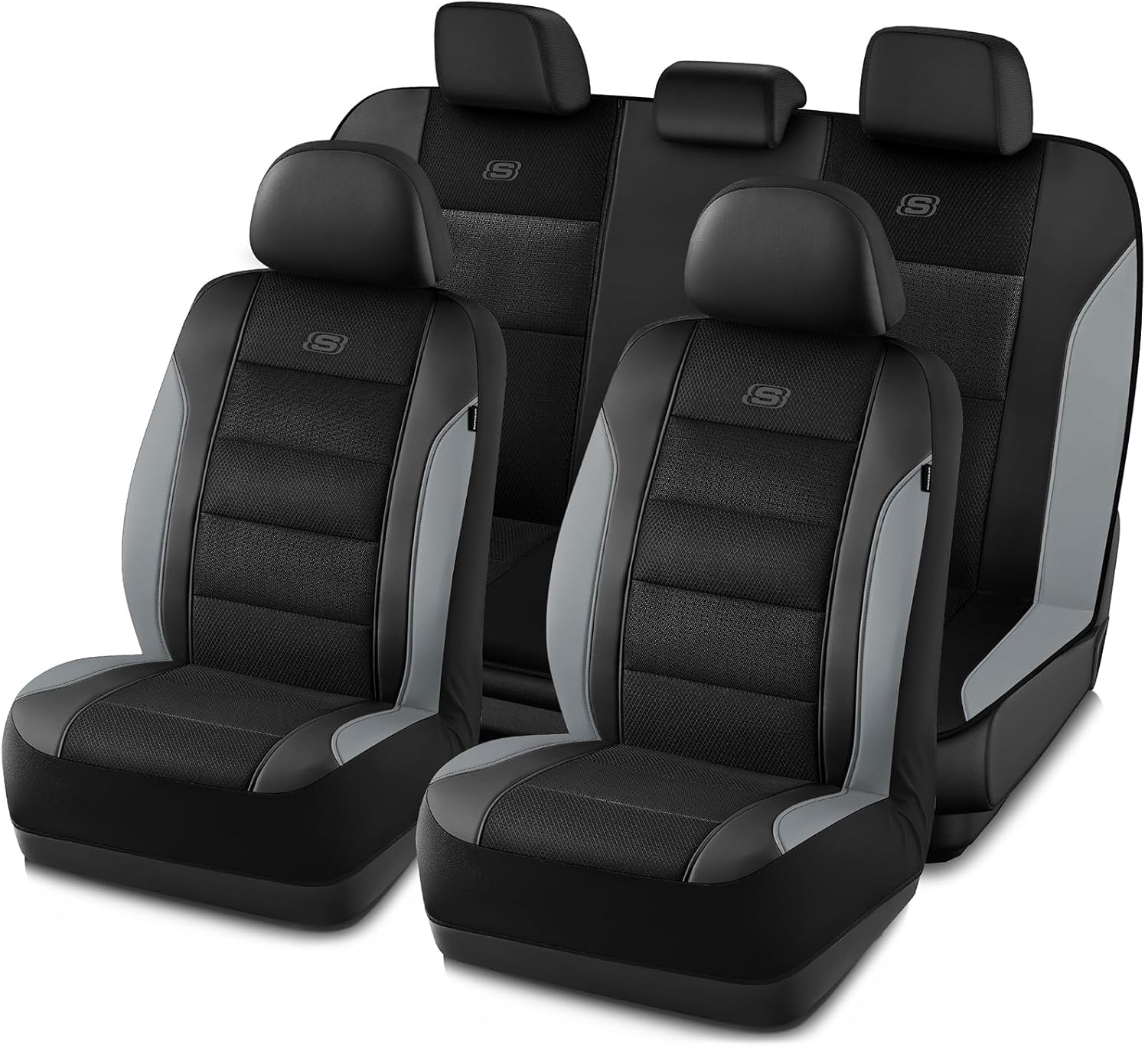 Skechers Aircooled & Memory Foam Seat Covers,Premium Leather with EVA Mesh Car Seat Covers,Seat Cover Full Sets,Airbag Compatible Automotive Comfort for Most Cars, Vans, Trucks, SUV,Grey Full Set Black&Gray