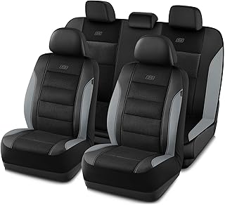 Skechers Aircooled & Memory Foam Seat Covers,Premium Leather with EVA Mesh Car Seat Covers,Seat Cover Full Sets,Airbag Compatible Automotive Comfort for Most Cars, Vans, Trucks, SUV,Grey