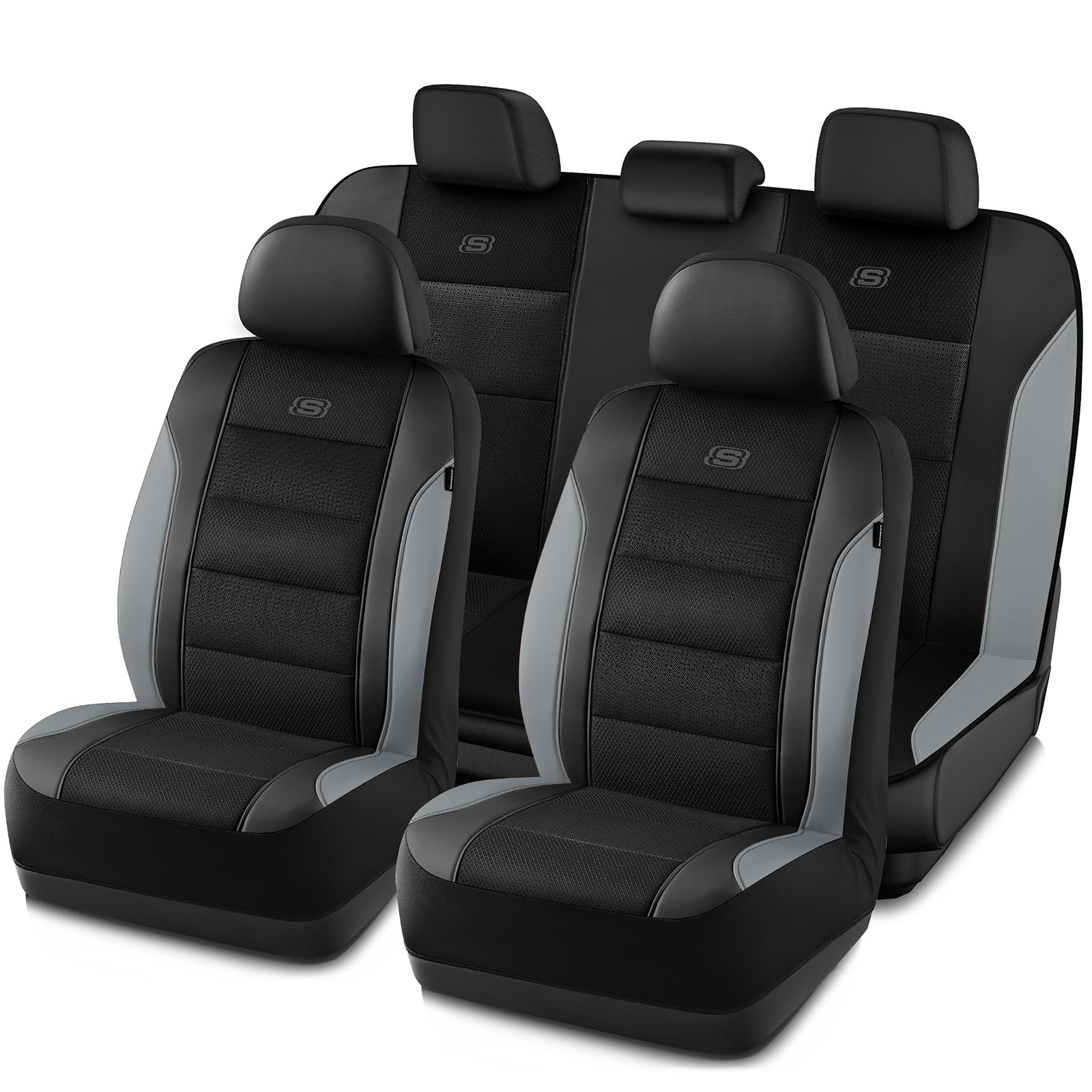 Aircooled & Memory Foam Seat Covers,Premium Leather with EVA Mesh Car Seat Covers,Seat Cover Full Sets,Airbag Compatible Automotive Comfort for Most Cars, Vans, Trucks, SUV,Grey