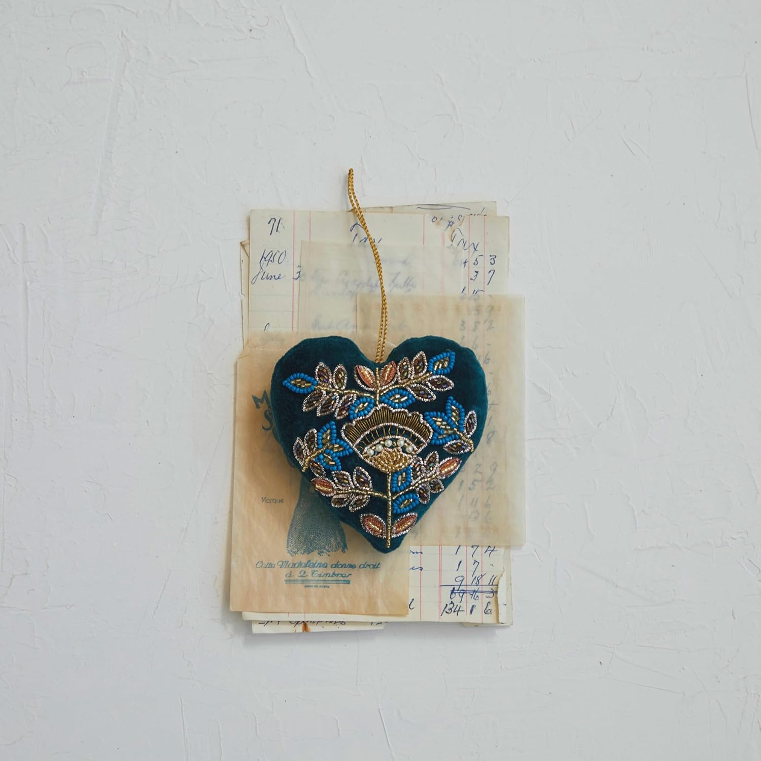 Creative Co-Op Cotton Velvet Heart Ornament with Embroidery and Acrylic Beads, Multicolor