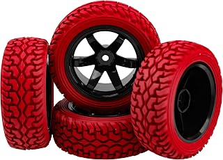75mm/2.95'' Rubber Tires & Plastic Wheel Rims 12mm Hex Hub Compatible with Traxxas 4tec 2.0 HSP Tamiya HPI Kyosho 1/10 On-Road Touring Car, WLtoys 1/14 144001 RC Buggy (Red)