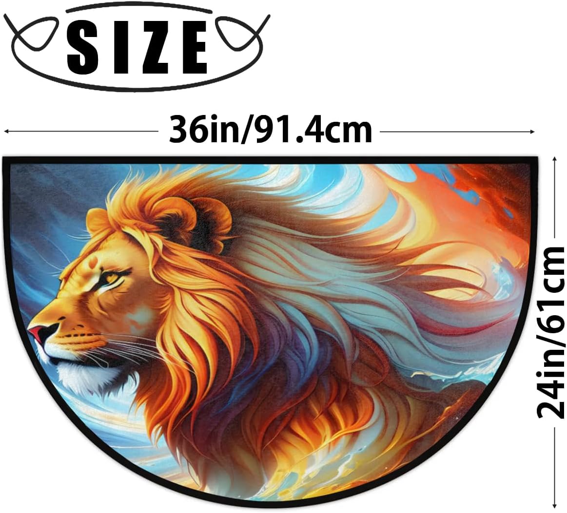 Half Round Door Lion Animal Cartoon Mat Half Moon Rug Washable Durable Semi Circle Carpet Floor Rug for Indoor Outdoor Bathroom Kitchen Patio Hearth Rug Laundry Room Home Decoration