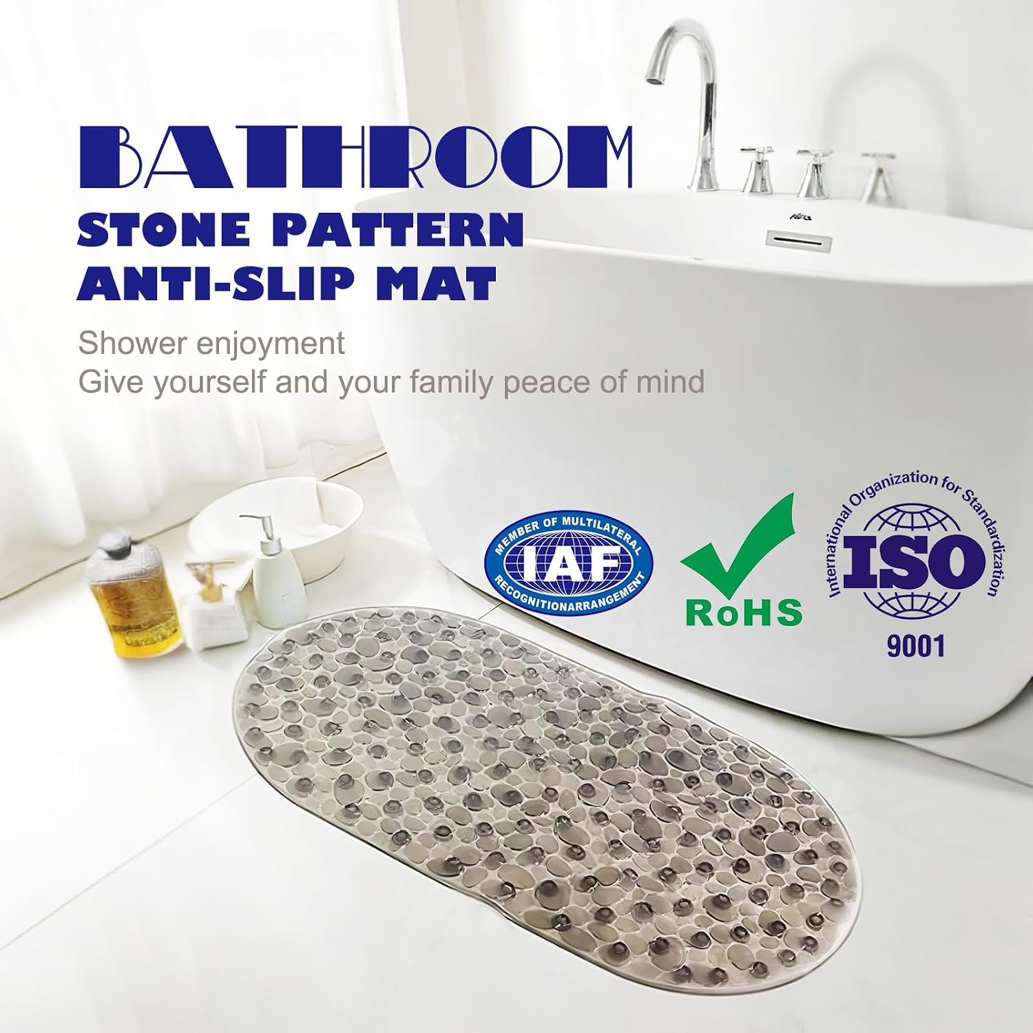 Anti-Slip Bathtub Mats Shower Bathroom Pad Floor Long Mat,Stone Texture Design with Large Suction Cup Bath Tub/Shower Room/Shower Safety Mats,BPA Free for Kids Bath Rugs/Bath Accessories
