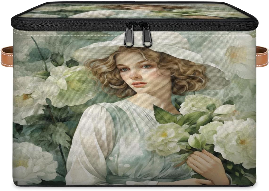 Storage Bin Set of 2 Flower Woman Storage Basket with Zipper Lid & Handle Foldable Closet Shelf 2 Pack Cloth Organizer Basket Cube Bins Clothes Organizer for Bedroom, Nursery