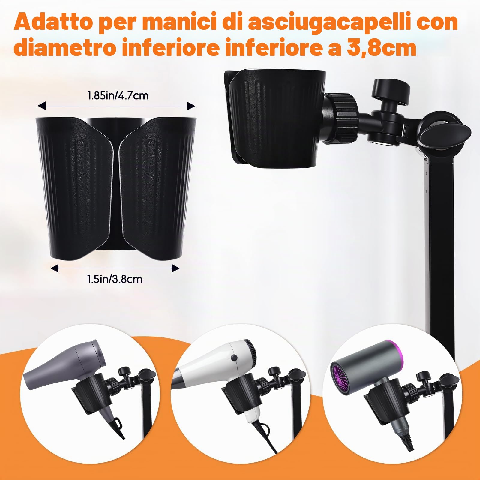 Hivexagon Supporto a Morsetto per asciugacapelli - Supporto Regolabile Multi-angolazione, Braccio in Lega di Carbonio, Base in plastica, Consente di asciugare i Capelli a Mano Libera