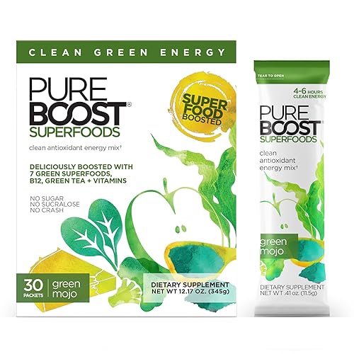 Pureboost Superfoods Mezcla de bebida energética limpia con B12, 7 superalimentos verdes orgánicos en polvo y vitaminas. Espirulina. Sabor natural