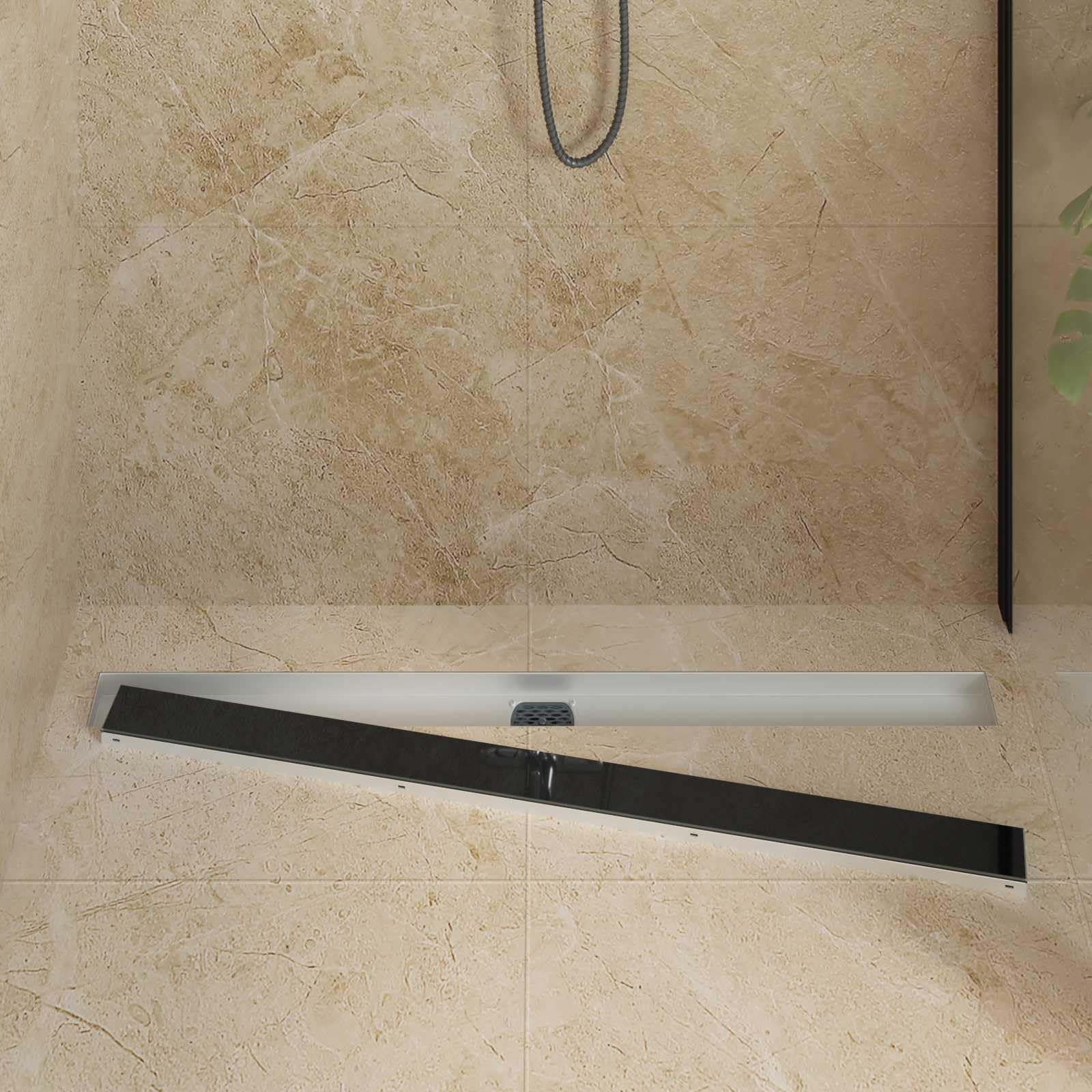 Canalina per doccia in acciaio inox, 100 cm, nera, con copertura in vetro, sifone girevole a 360°, scarico a pavimento per docce senza barriere, con piedini regolabili in altezza