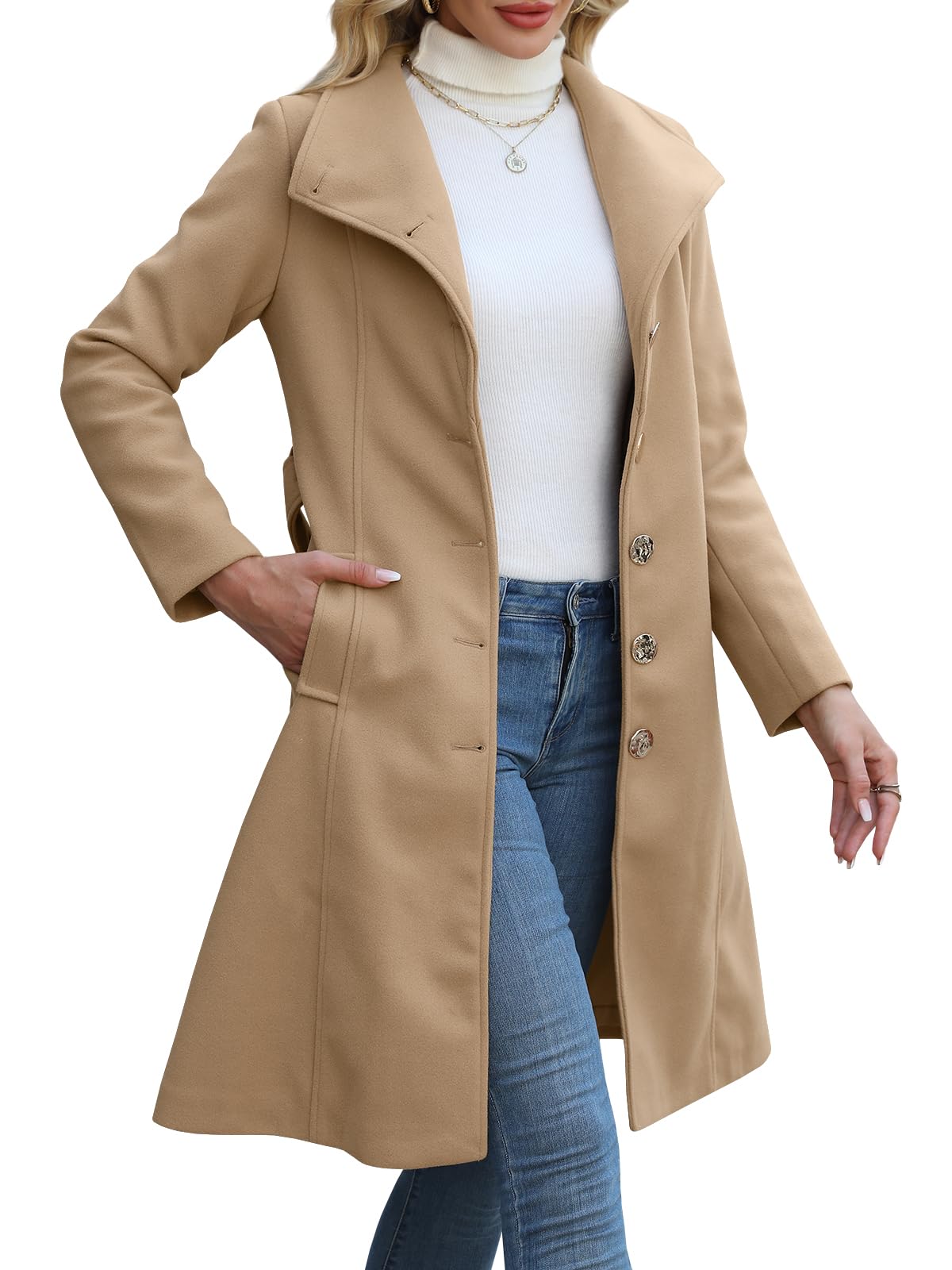 Abrigos de lana para mujer, abrigos largos de invierno con cuello alto, gabardina de un solo pecho con cinturón