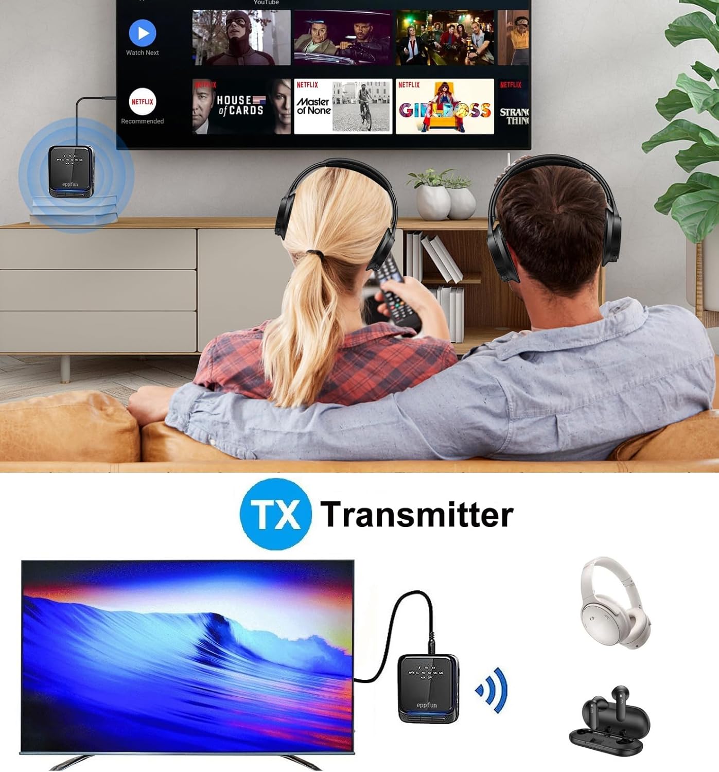 eppfun AK8675B Pro in Transmitter Mode with TV and Headphones