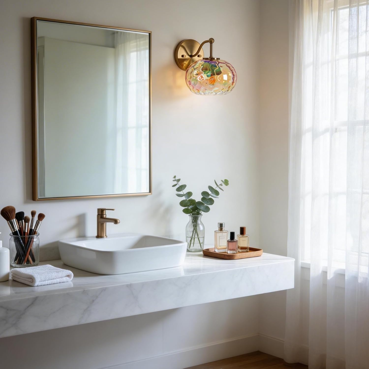 Modern Iridescent Glass Wall Sconce Gold Brass Wall Light Set of 2 Hammered Amber Glass Vanity Light for Bedroom Hallway Living Room Stairwell Bathroom Over Mirror