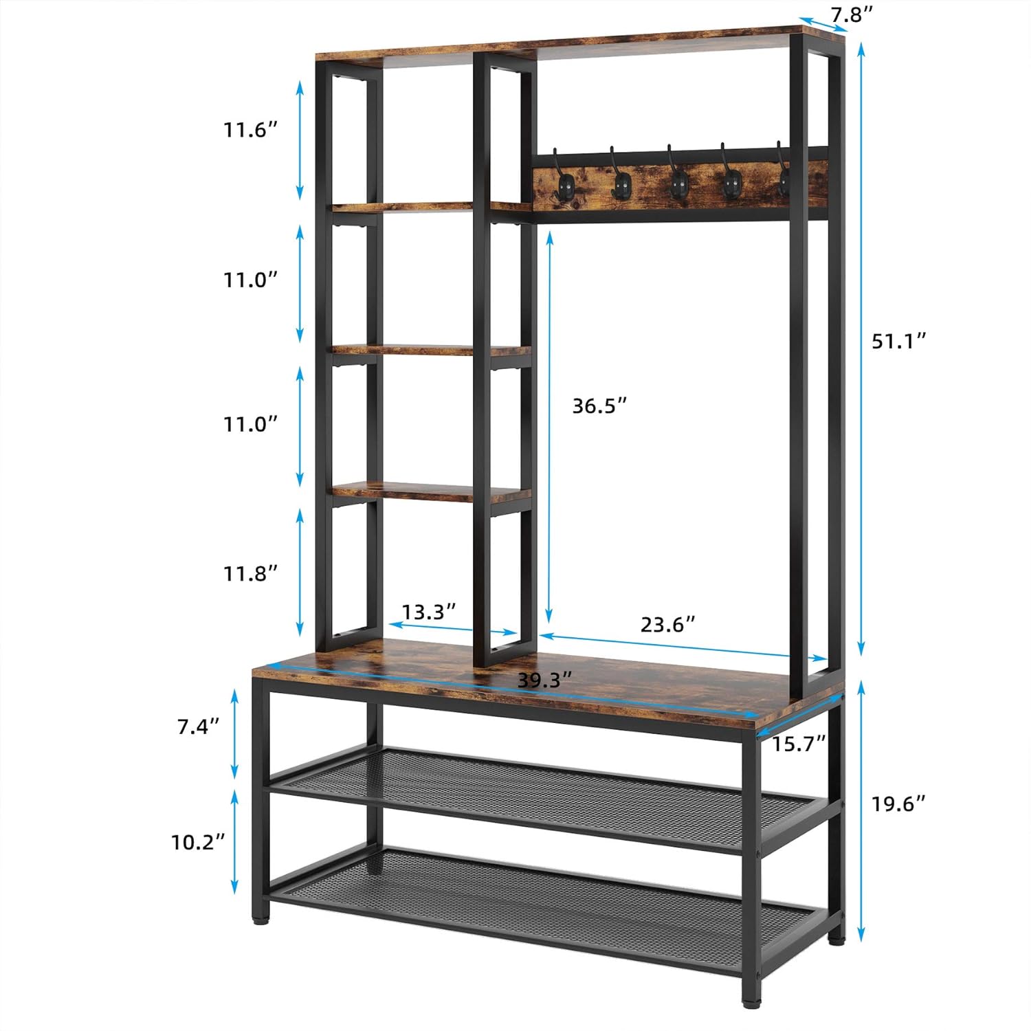 Buy TIYASE Coat Rack Shoe Bench, 4IN1 Hall Tree with Side Storage