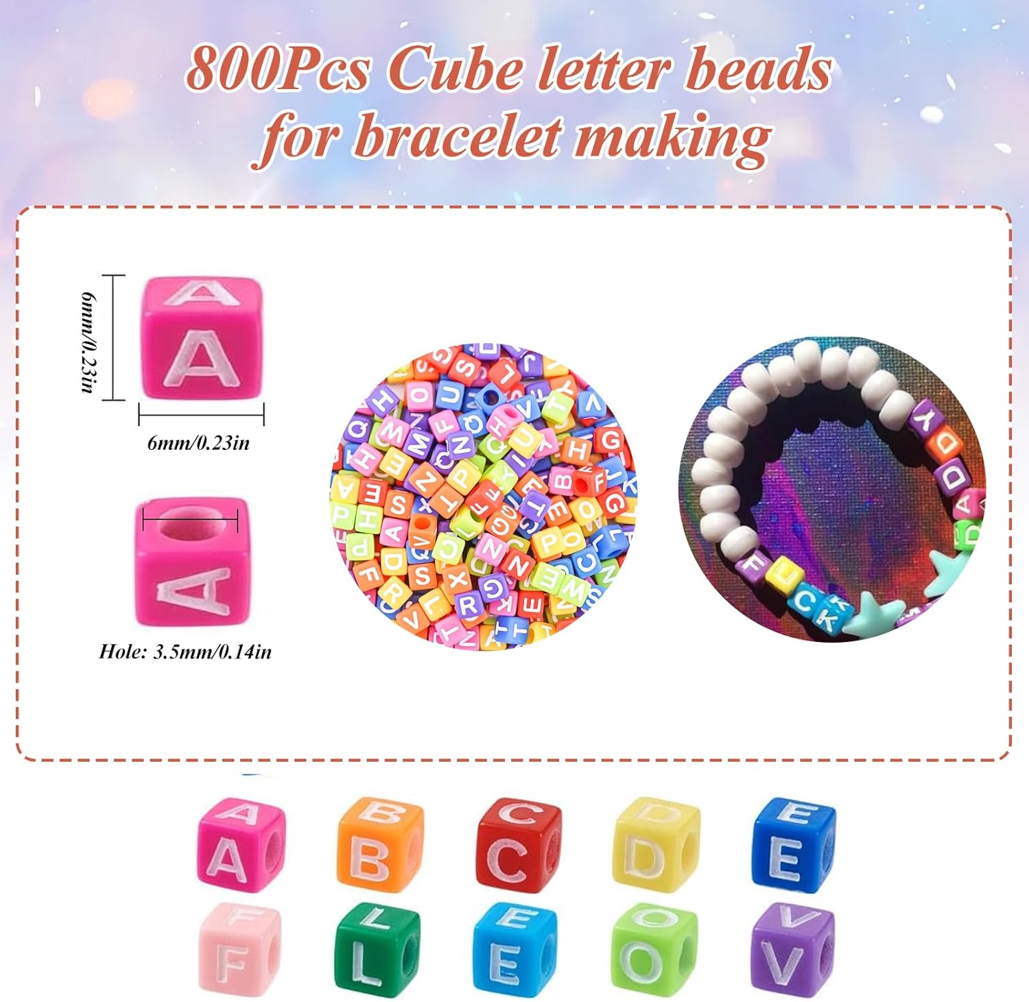800Pcs Colorful and White Square Letter Pony Beads A-Z, 6X6mm Acrylic Cube Alphabet Beads for DIY Craft Making - Image 3