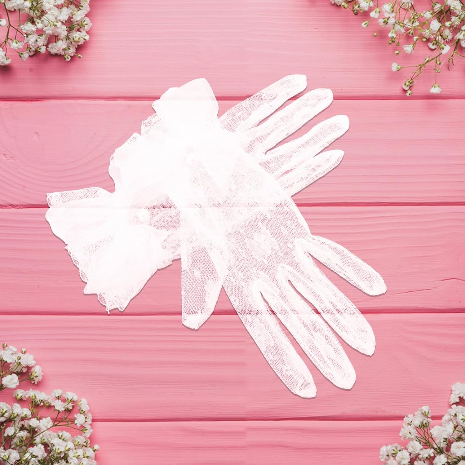 White Lace Gloves for Women, Lolita Fingerless Vintage Bow Gloves with Pearl Detail, Elegant Tea Party and Formal Occasion Accessories