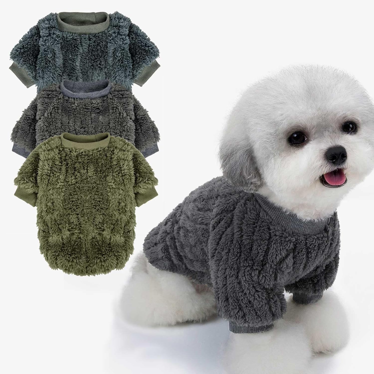 FabriCastle Dog Sweaters, 3-Pack Dog & Cat Clothes, Ultra Soft and Warm Pet Jackets for Small Dogs Boy & Girl, Winter Pet Apparel Costumes, Puppy Outfits (Beige,Light Green,Yellow, Small)