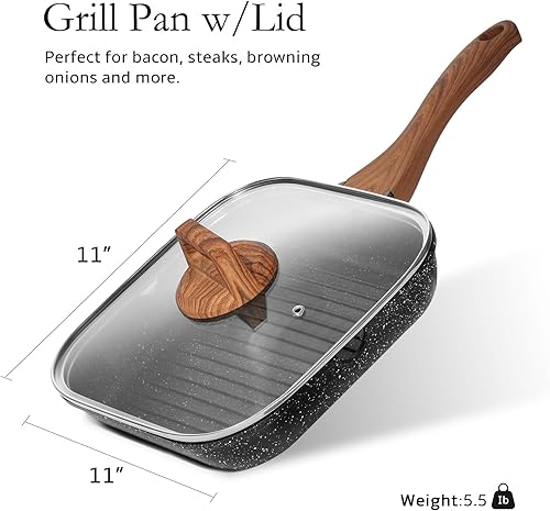 Miniatura 7 de ESLITE LIFE Juego de sartenes antiadherentes de 9.5 y 11 pulgadas con tapa para cocinar en interiores, versátil sartén cuadrada de inducción grande