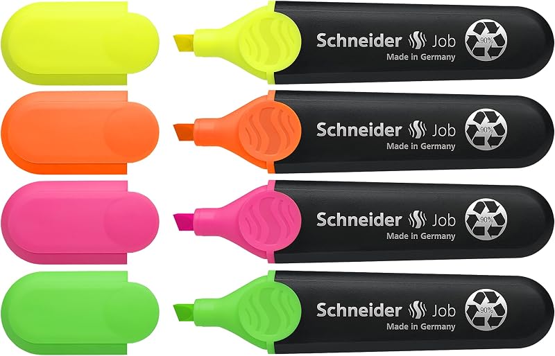Schneider Job Highlighters, Chisel Tip, 1 + 5 mm, Black Barrel, Assorted Ink Colors, Pack of 4 Highlighters: Orange, Green, Pink, Yellow (1500)