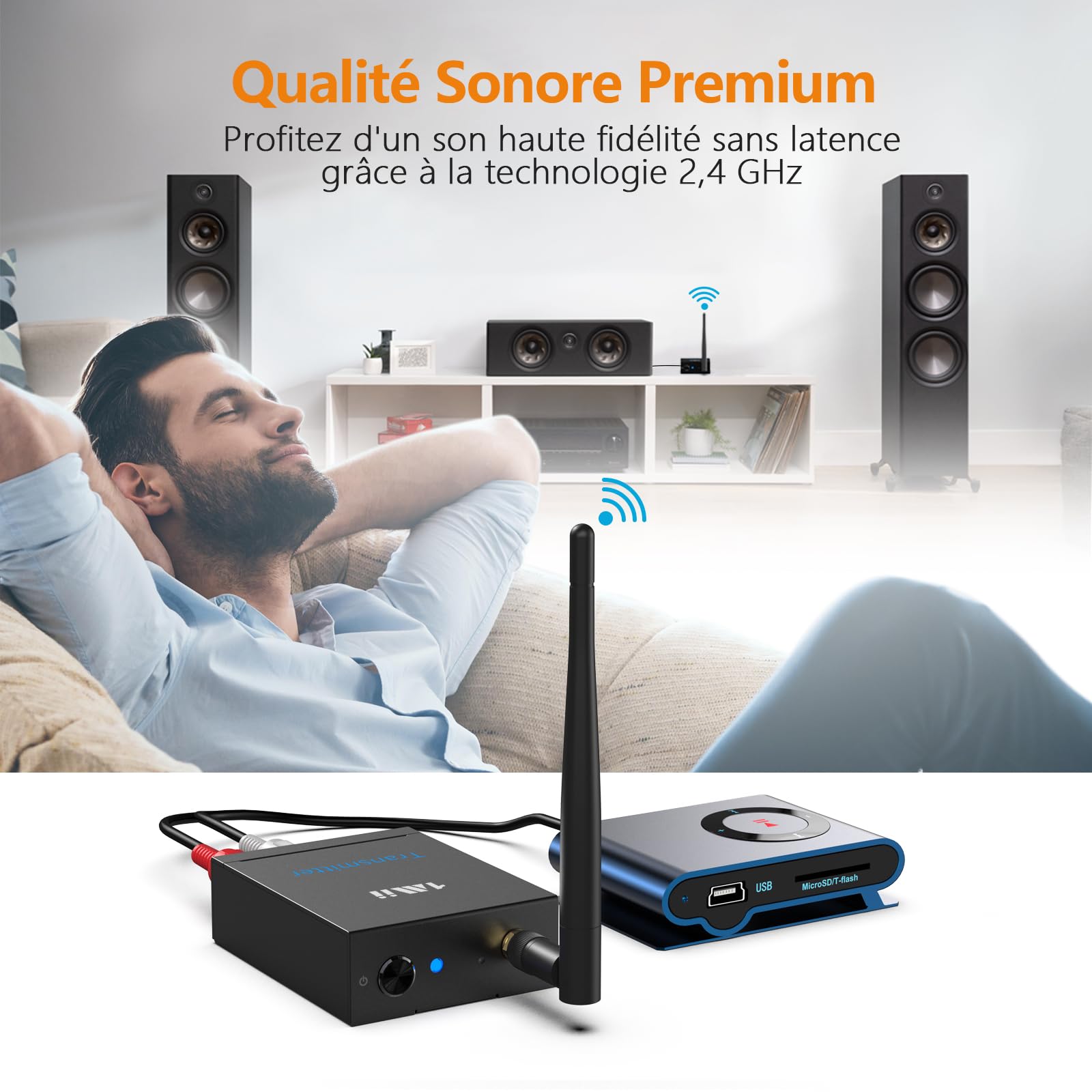1Mii Émetteur Récepteur Audio sans Fil (1 TX+1 RX), Longue Portée 2,4GHz | Son HiFi Faible Latence, Connexion TV vers Haut-Parleurs Actifs/Chaîne Stéréo/Barre de Son, RCA 3.5mm AUX In/Out