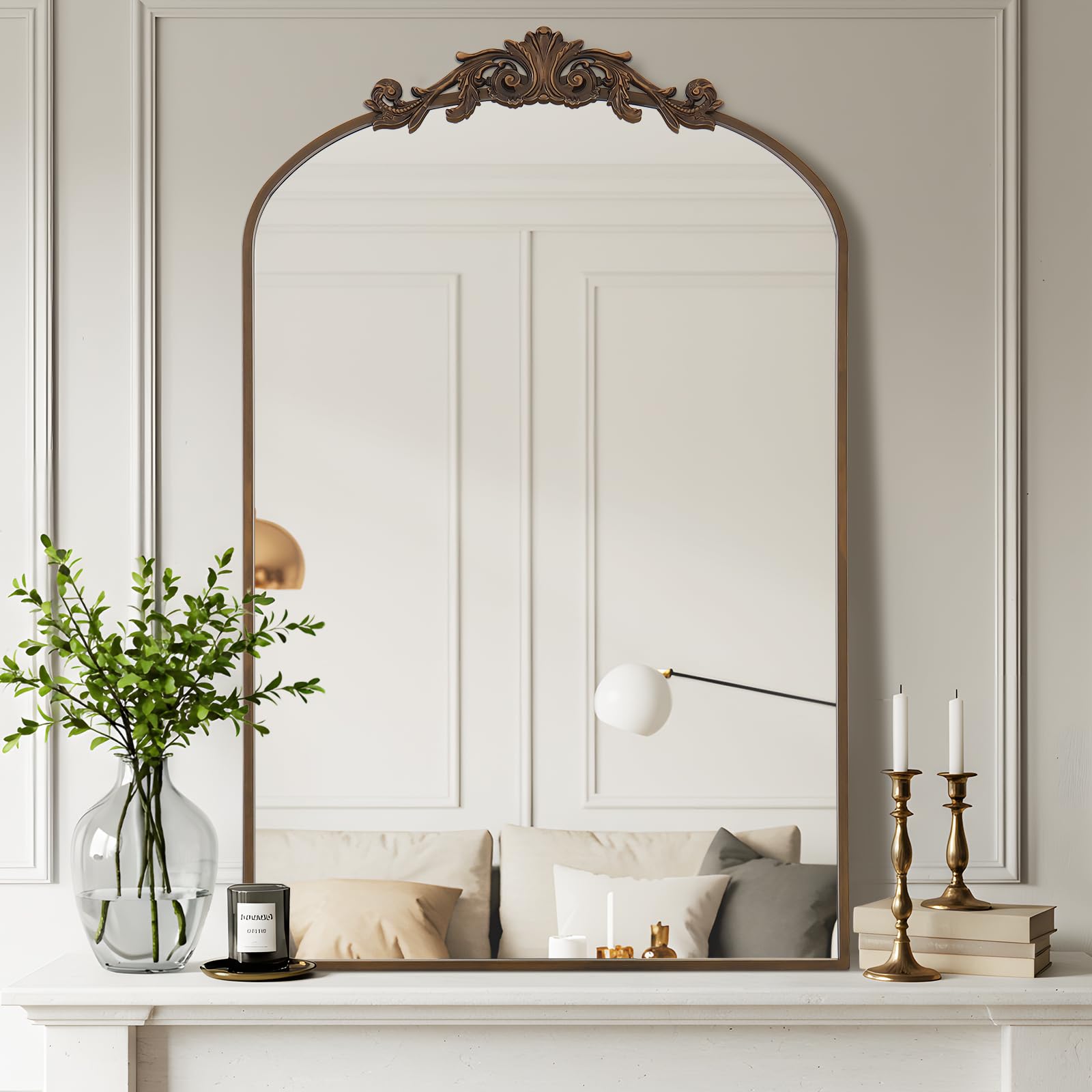 Filigree Arched Wall Mirror 26"x38" Retro Wall-Mounted Mirror with Vintage Ornate Carved Applique Hanging Leaning Antique Home Decor Mirror for