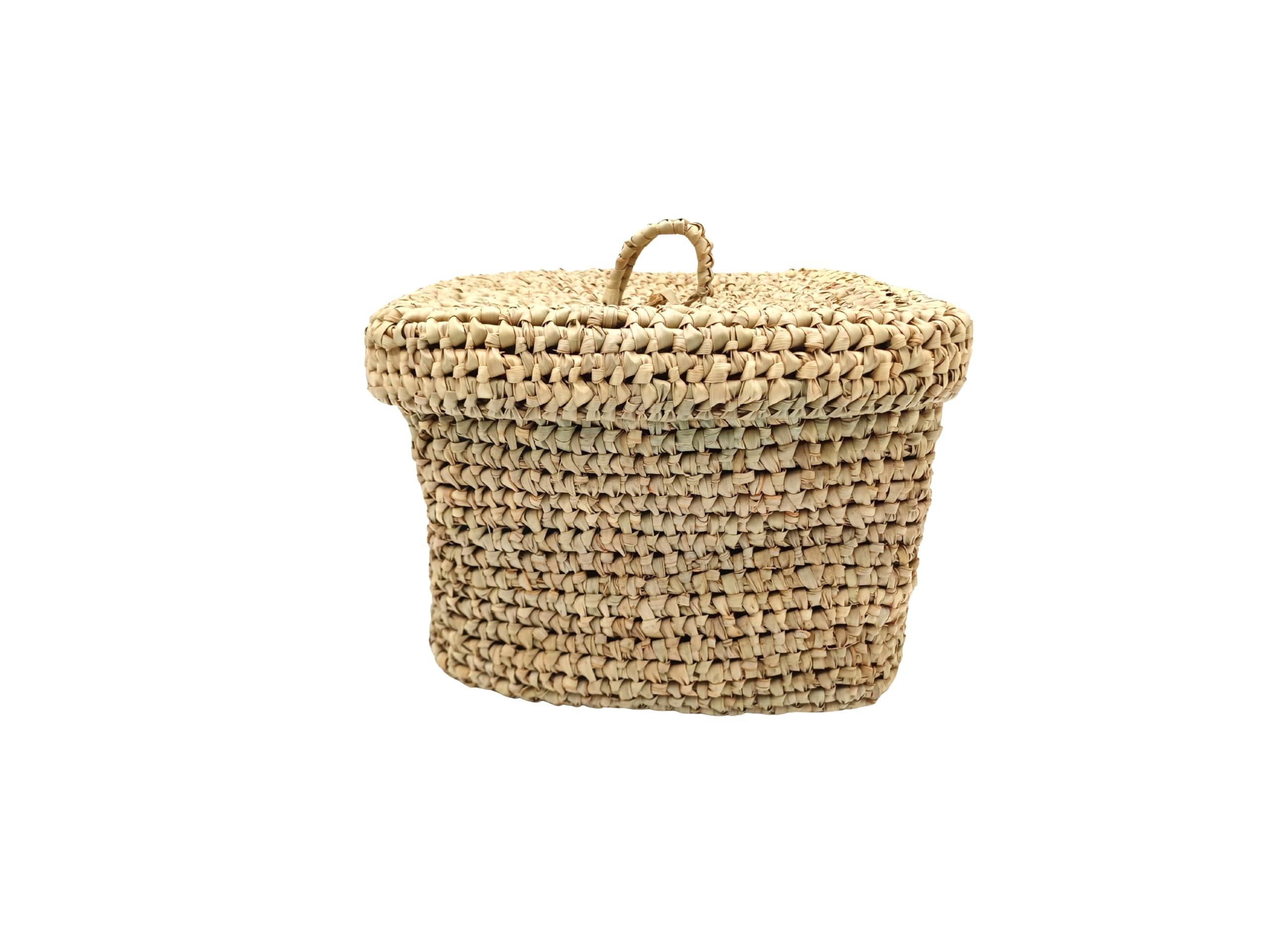 Cesta Cuadrada de Almacenamiento Marroquí, Fibras Naturales, con Tapa Tejida, Beige (Mediano)