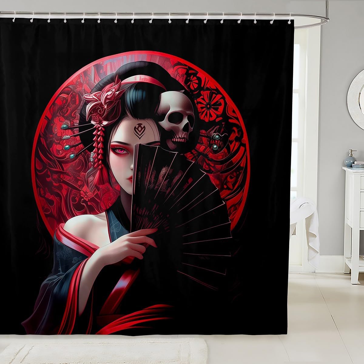 jejeloiu Kids Japanese Wave Shower Curtain Cherry Blossom Print Bath Curtain Boys Girls Sea Waves Bathroom Accessories Teens Bedroom Decor