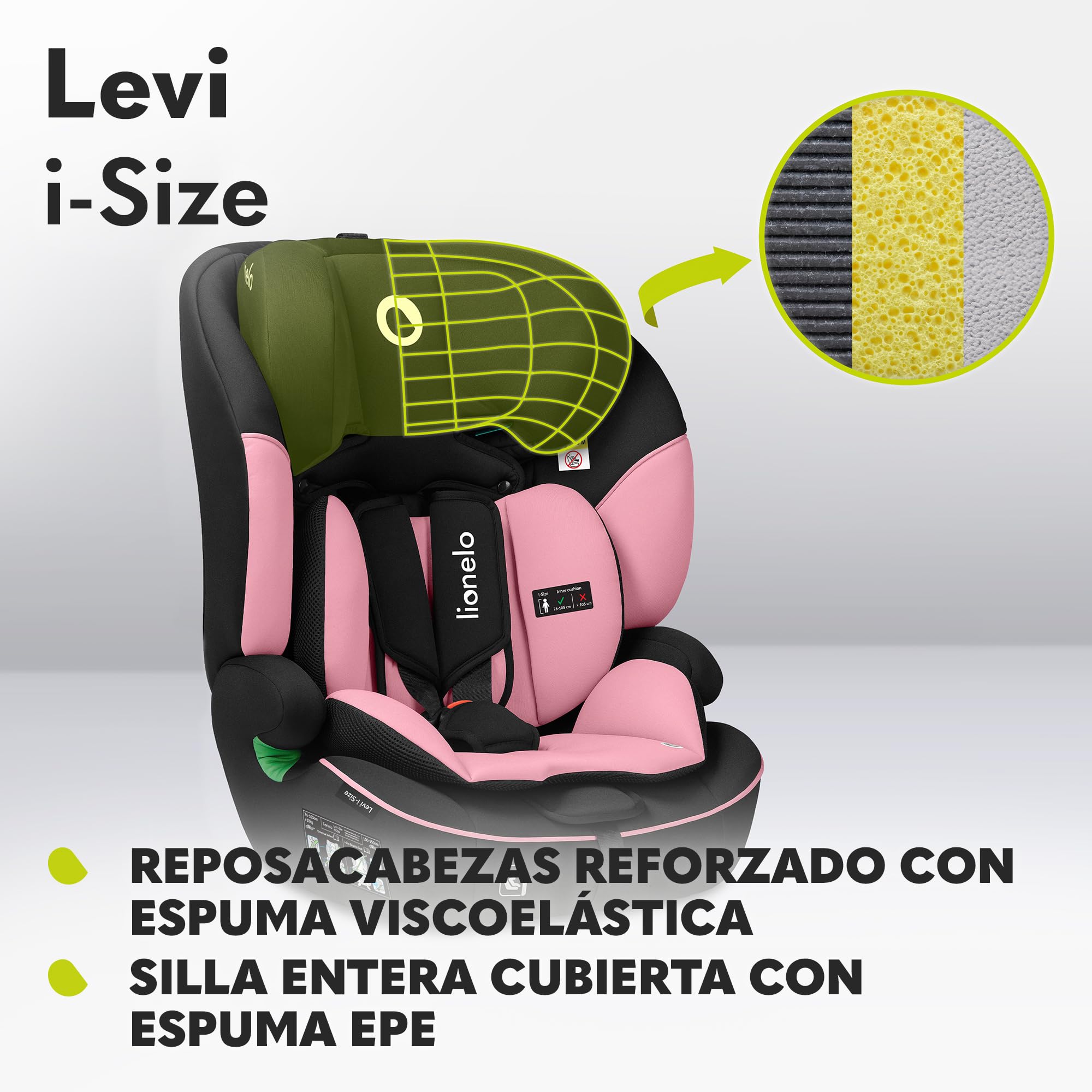 LIONELO LEVI I-SIZE Silla infantil de coche 76-150 cm, Grupo 1 2 3, Protección Lateral, Reposacabezas ajustable de 10 etapas, Reposabrazos Cómodos, Respaldo Extraíble, R129 i-Size
