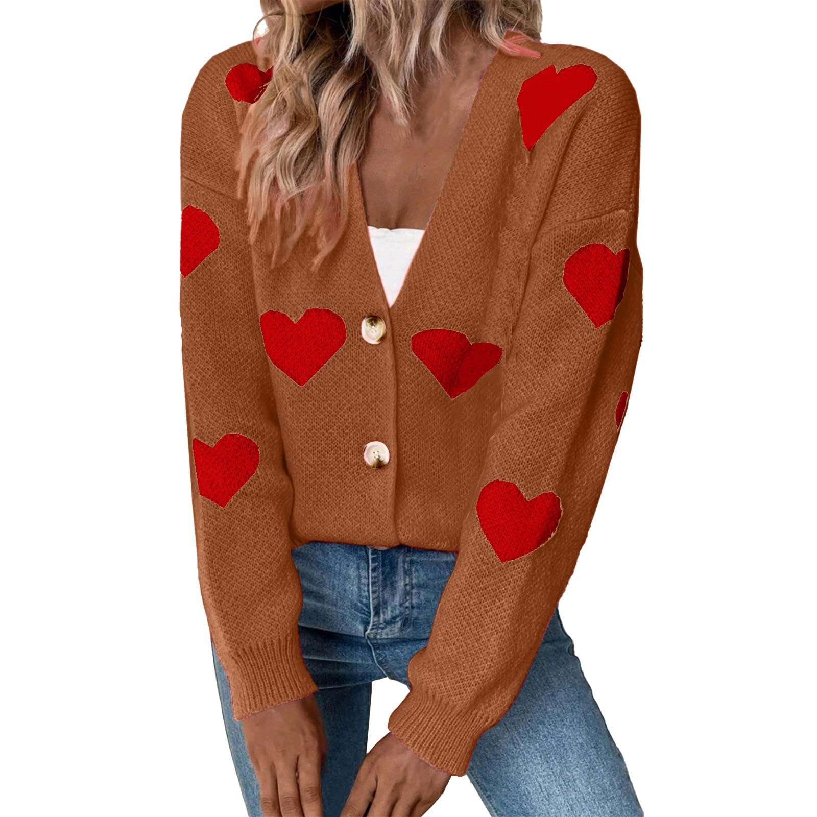 Heart Cardigan Sweater for Women Valentines Long Sleeve Button Open Front Casual Cute Knit Pullover Tops