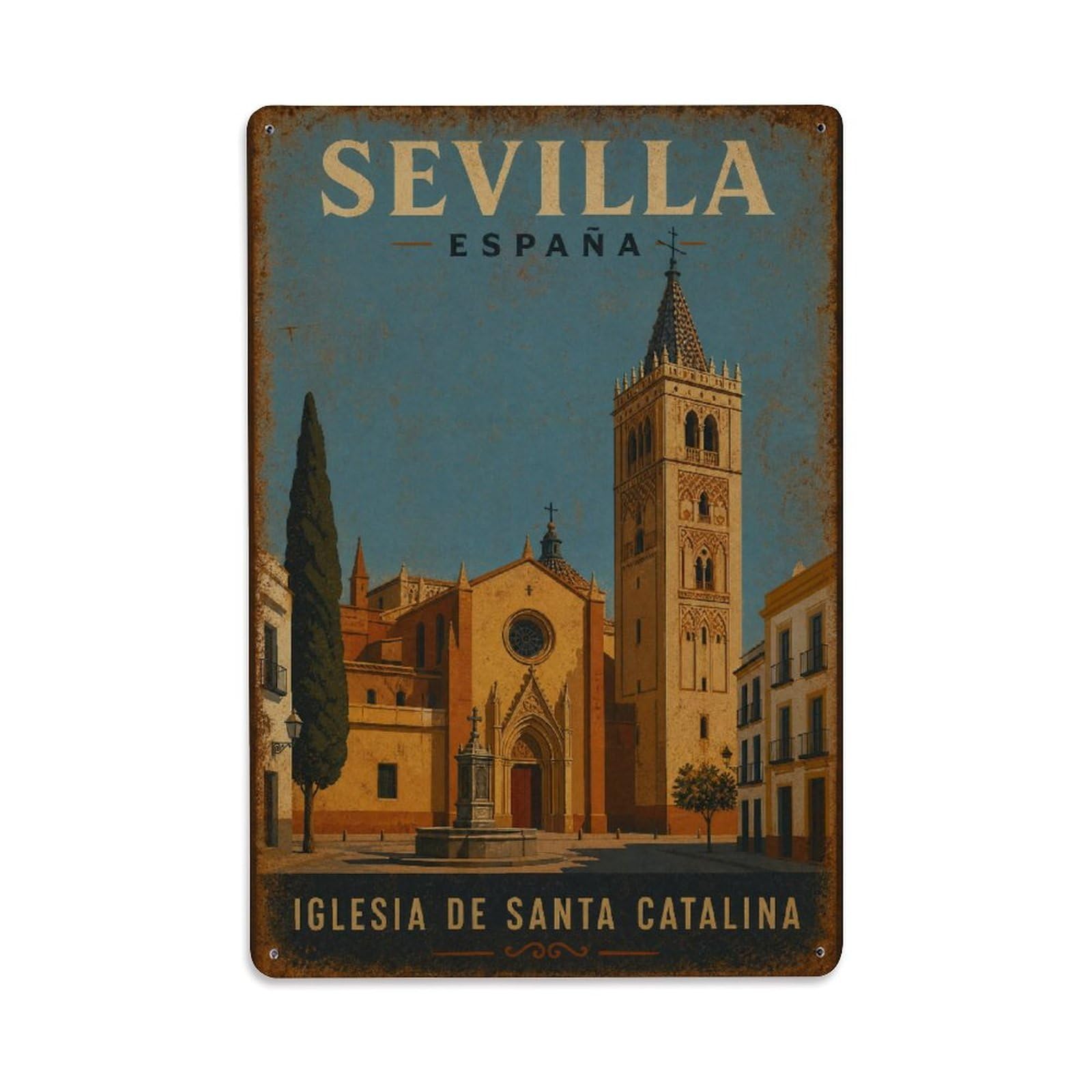 Huiyhb 8X12inch(20X30cm) Vintage Travel Iglesia Santa Catalina Seville Church Metal Tin Sign