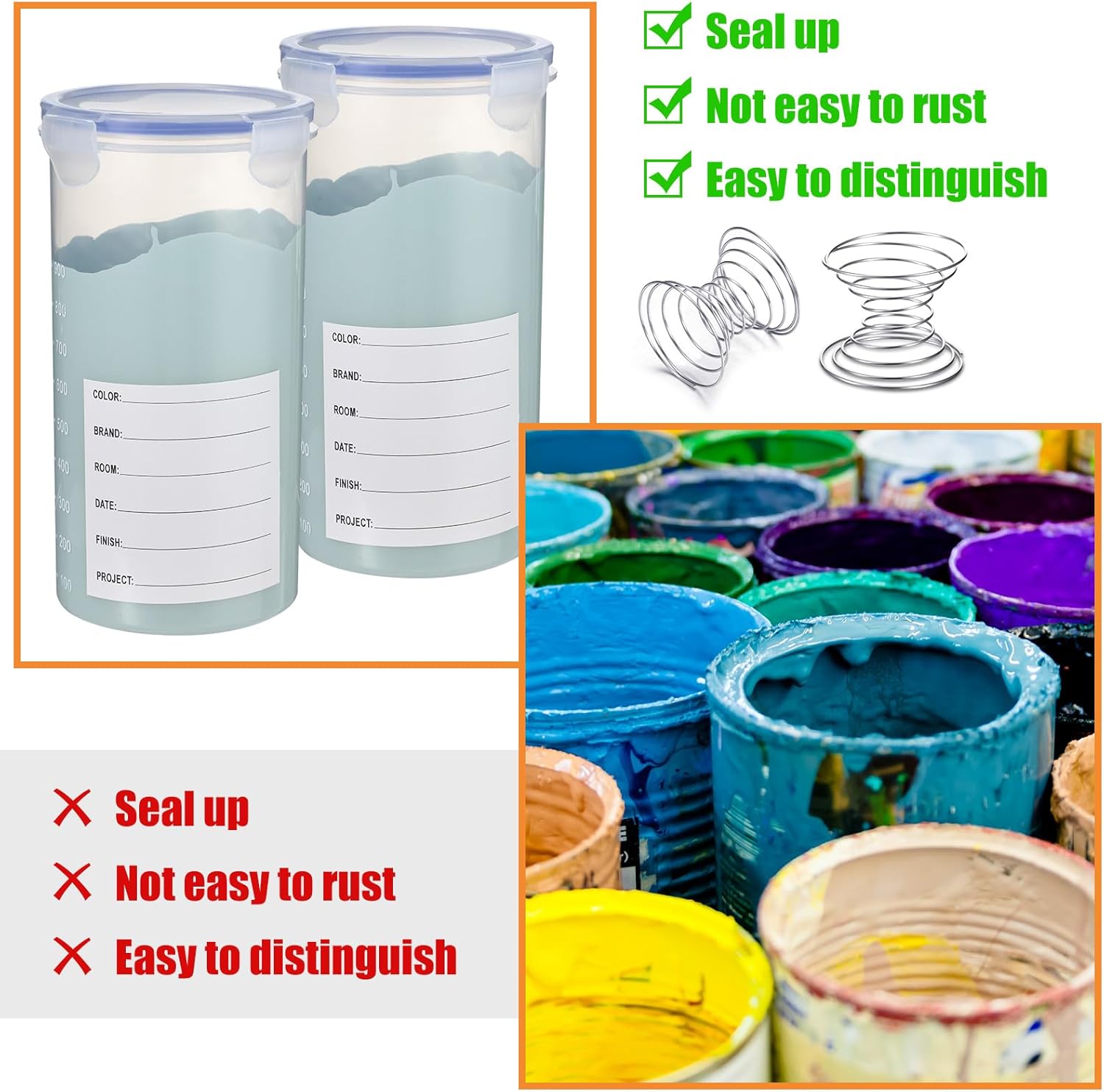 Remerry 8 Sets Paint Container with Stainless Steel Mixing Ball Touch up Storage Cups with Lids Paint Containers Storage Airtight for Repainting(1500 ml)