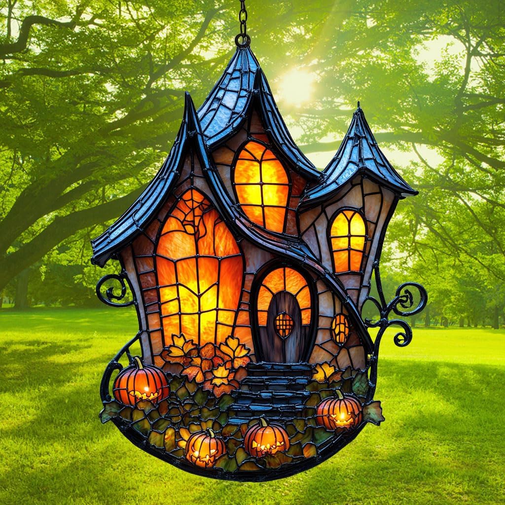 Gothic Halloween Castle Acrylic Suncatcher Stained Glass Effect Window Car Hanging Christmas Ornament Indoor Outdoor Decor Garden Sun Catcher Panel for Halloween Lover for Women Mom Grandma