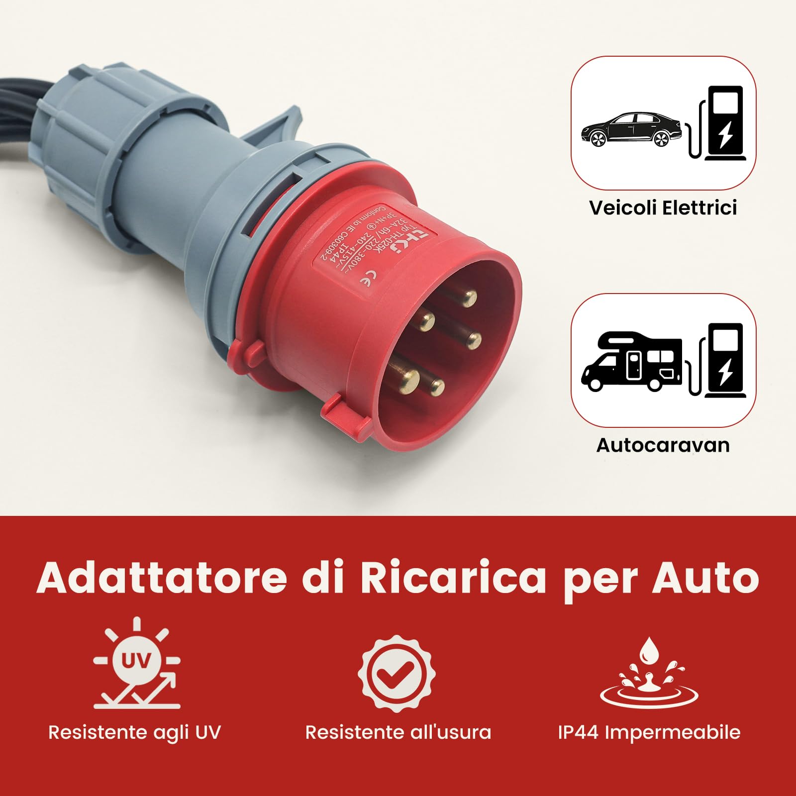 Adattatore di Alimentazione Industriale CEE 5P-32A/16A IP44 con 4 Uscite - Per Veicoli Elettrici, Camper, Cantieri e Uso Domestico - Materiali Antigurto e Resistente ai Raggi UV