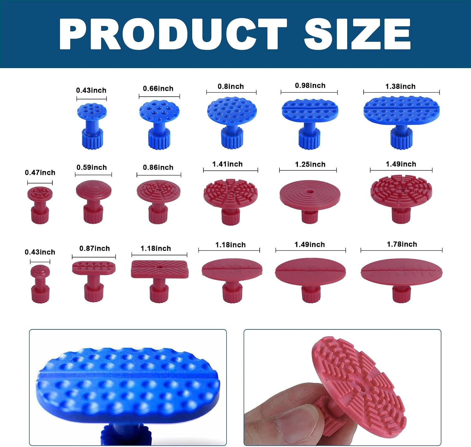 62PCS Dent Puller Glue Tabs – Car Dent Repair Kit with 18 Black, 20 Blue, 24 Pink Pull Tabs, Paintless Dent Removal Tools for Auto Body, Hail Damage, Compatible with T-Bar and Puller