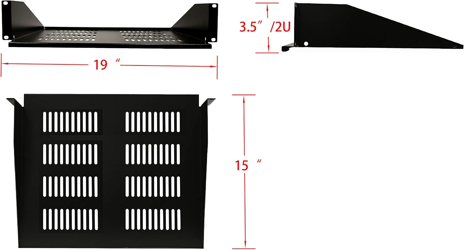 Aeons 2U 19-inch Universal Server Shelf Rack Mount Vented Cantilever Center Mount Shelf 15" Deep, Fixed Server Rack Cabinet Shelf Black