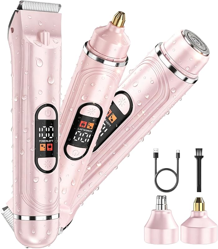 Women's Electric Razor, 4-in-1 Body Hair Remover with LED Display & Light, Waterproof Bikini Trimmer, Rechargeable Facial Hair Remover and Lady Shaver for Legs, Underarms & Body with 2 Heads