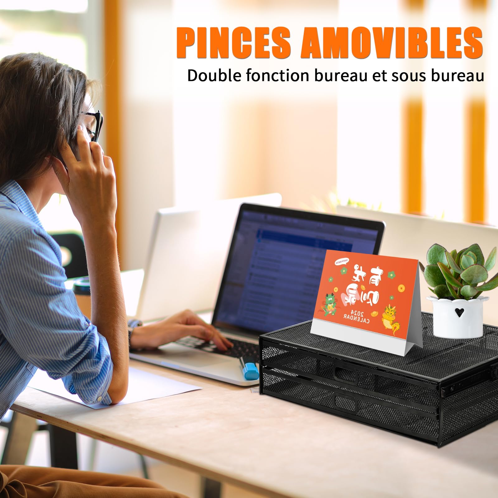 Tiroir coulissant à clipser sous le bureau | Tiroir de table en maille métallique | Rangement sous le bureau | Organiseur de bureau caché pour fournitures de bureau et accessoires de maison