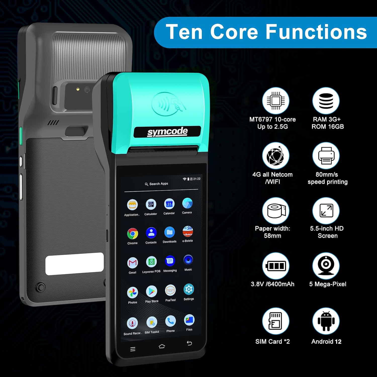 POS PDA Thermal Receipt Printer Handheld Printer Mobile POS Machine 5.5" Touch Screen 58mm Thermal Printer Android 12 Support 4G:FDD-LTE,TD-LTE 3G: WCDMA 2G: GSM,GPRS Hot spot 3GB Ram +16GB ROM&NFC