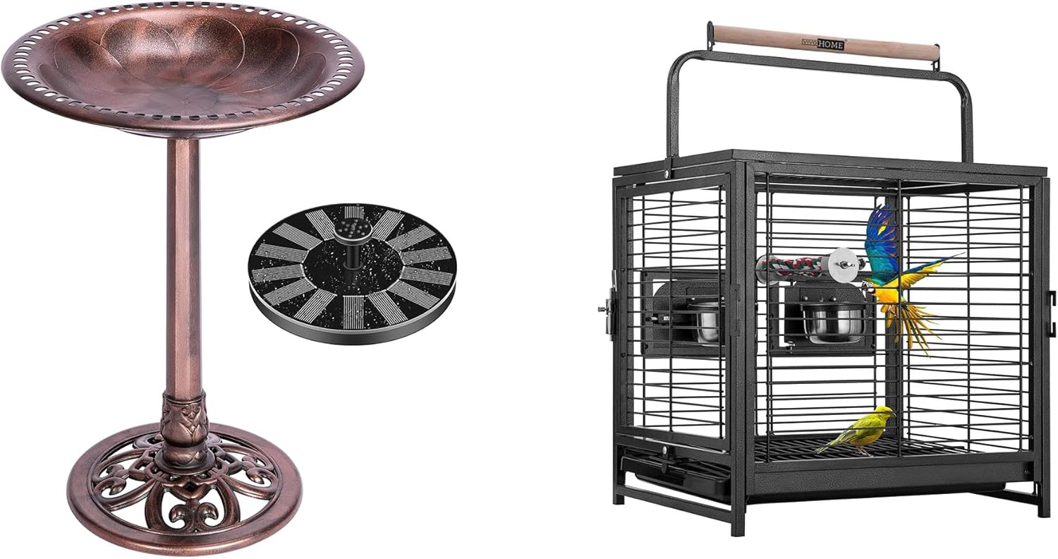 VIVOHOME Polyresin Antique Outdoor Bronze Garden Bird Bath and Solar Powered Round Pond Fountain Combo Set and 19 Inch Wrought Iron Bird Travel Carrier Cage