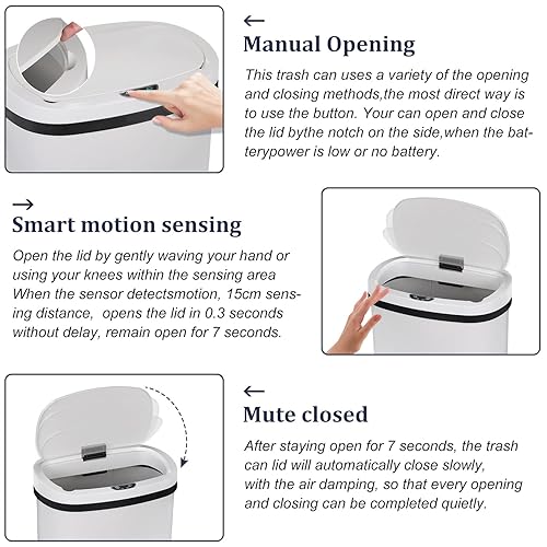 Miniatura 4 de Basurero de acero inoxidable automático sin tacto, con tapa para cocina, sala de estar, oficina, baño, sensor de movimiento electrónico sin contacto