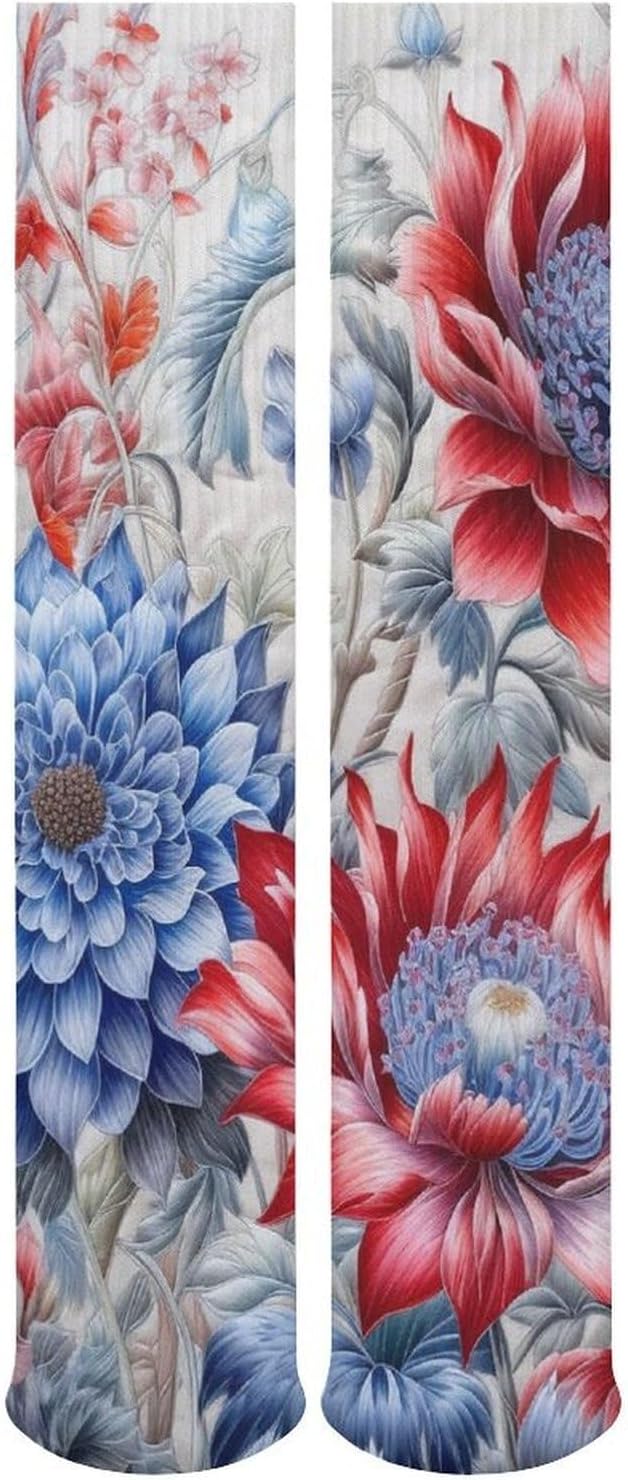 Breathable Crew Sock, Moisture Wicking, Athletic Calf Socks, Cozy | Red And Blue Flowers Compression Socks for Women Men, Lightweight High Work Socks for Business, Casual