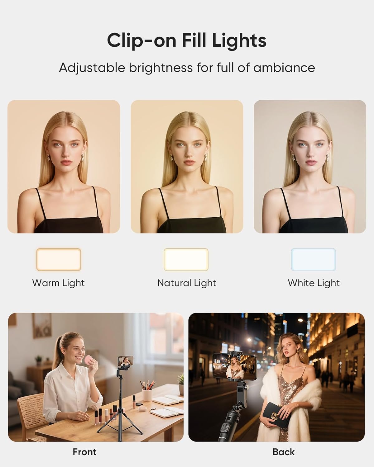 A person placing the folded KOSCHEAL gimbal into a backpack, with diagrams showing its compact folded size (32cm) and extended length (157cm).