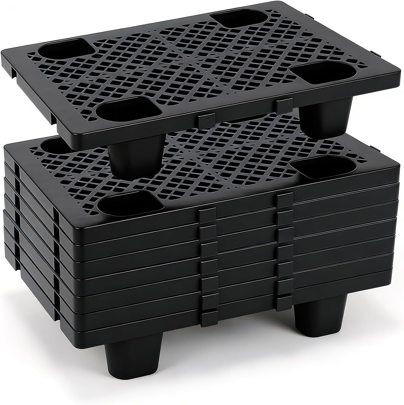 8 Pcs Raised Plastic Pallets with Breathable Grids for Basement Storage Restaurant Kitchen Supermarket, Nestable Interlocking Moisture Lightweight Floor Pallets -19.6 x 11.8 x 4.9 Inch (Black)