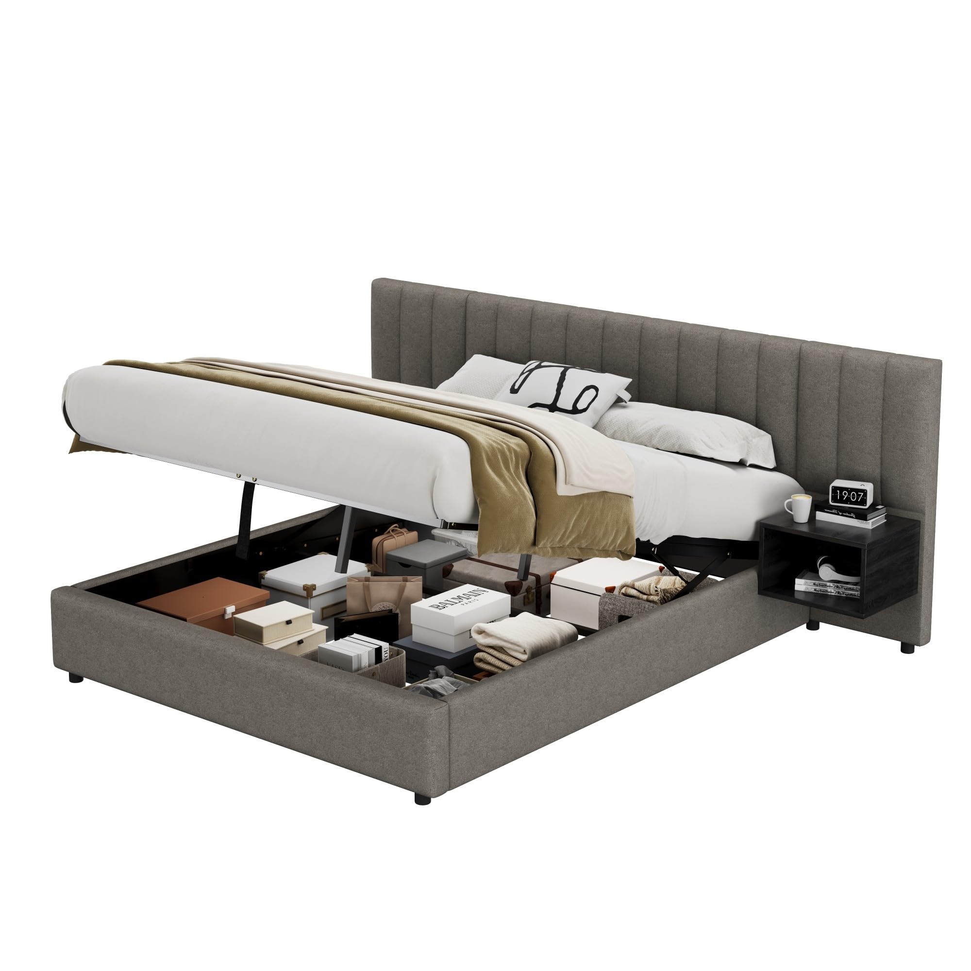 Moimhear Letto imbottito 160 x 200 cm, letto idraulico largo con due comodini con vano portaoggetti, adatto per adulti e ragazzi, rete a doghe in legno, facile montaggio, lino (160 x 200 cm)