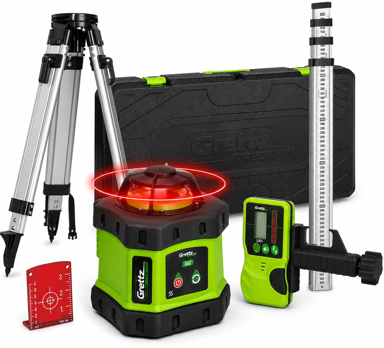 Grettz G60 Rotary Laser Level Kit – Red Beam, Self-Levelling, 400m Range with Receiver, ±3mm Accuracy – Includes Aluminium Tripod, 2m Staff & Hard Case – Outdoor Site Laser