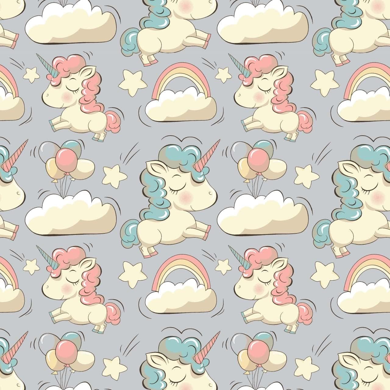 Fabreco Flanell Kinderstoff Meterware – 3M x 160cm - Karo, Baumwollstoff, 1lfm, Stoffbreite 160cm - Einhorn mit einer Wolke Graue-Farbe