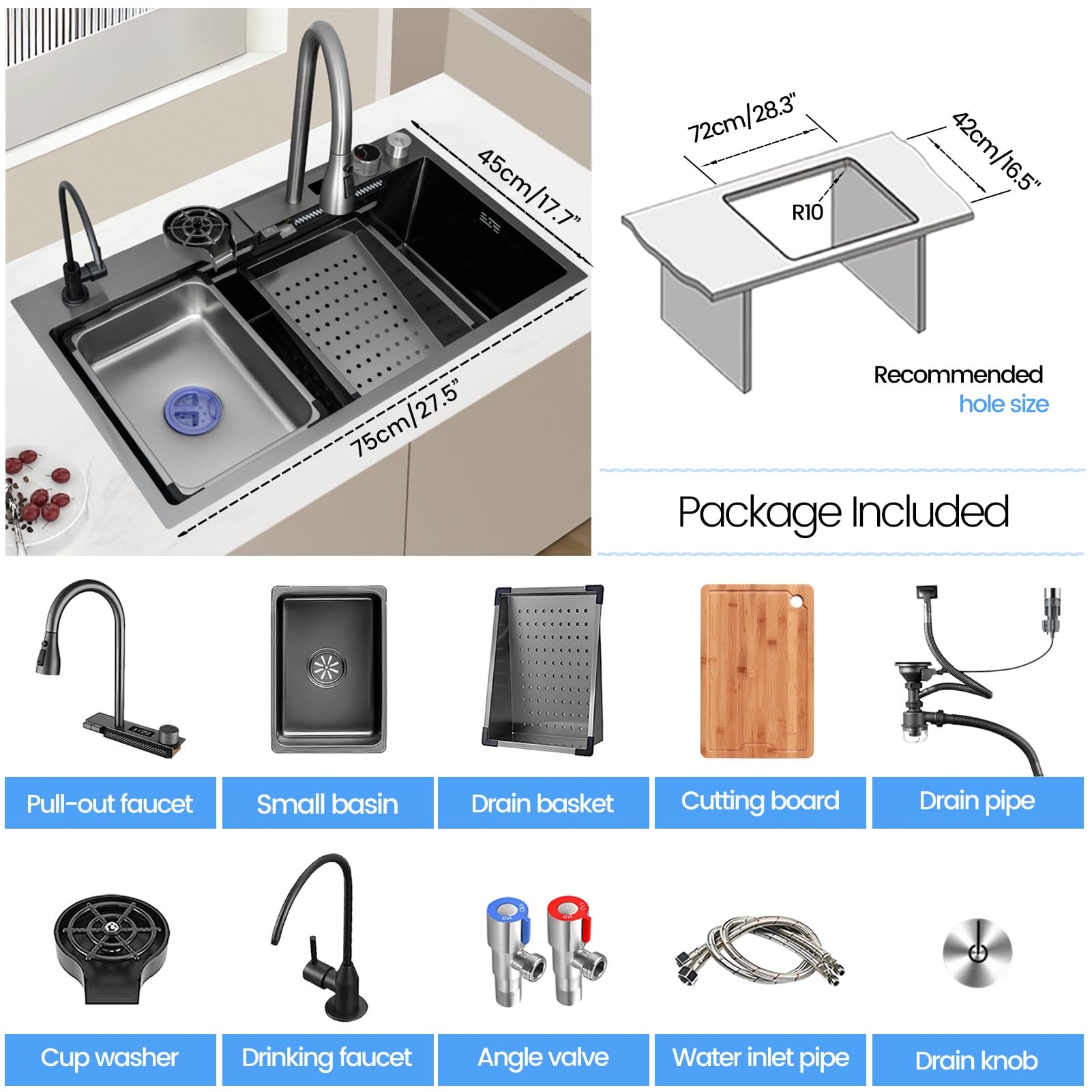 Fregadero de Cocina Grande con escurridor, Fregadero de un Solo Seno para encimera, para instalación empotrada, Acero Inoxidable, Incluye Kit de desagüe Completo (Negro, 75x45x22cm