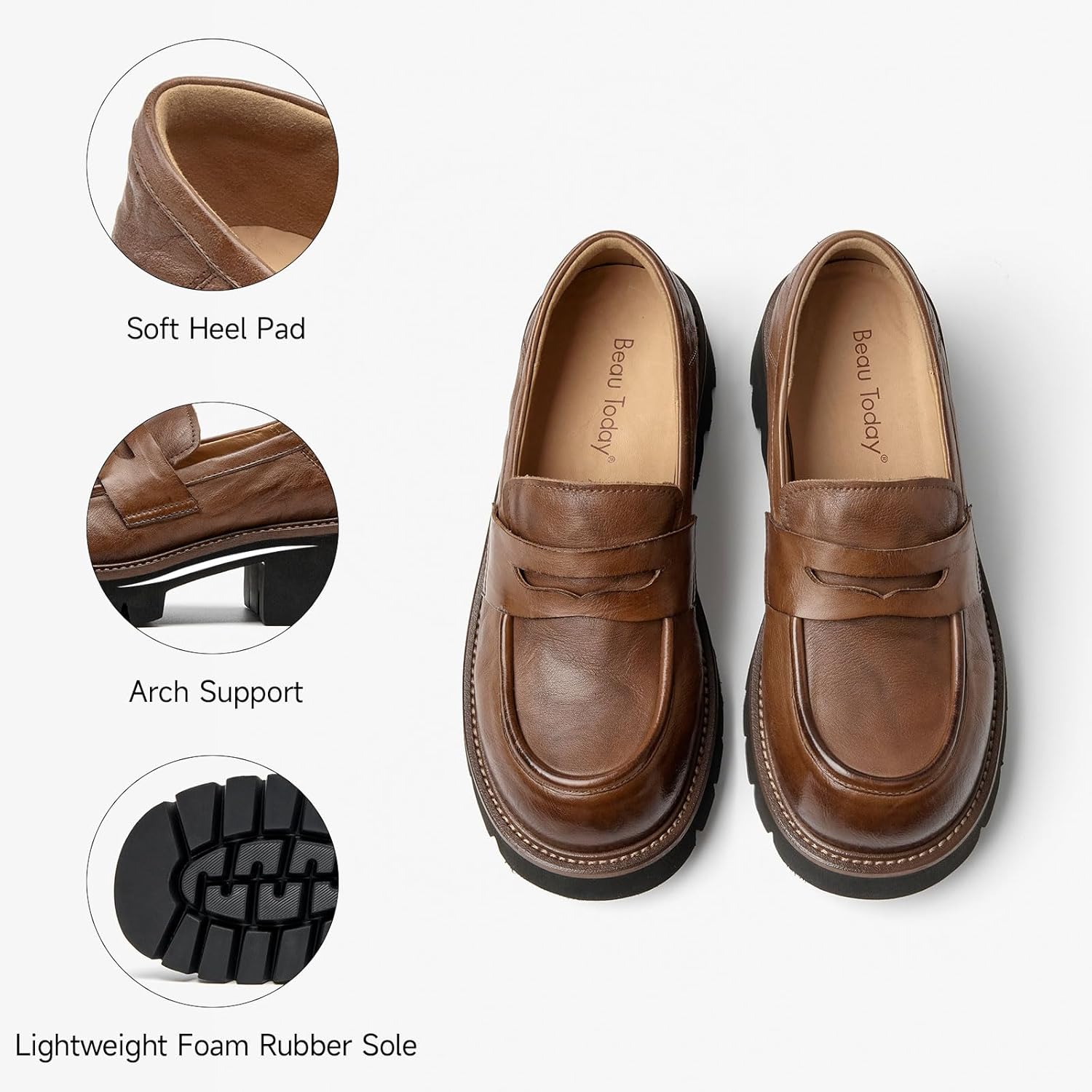 BEAU TODAY Platform Loafers for Women, Women’s Chunky Leather Loafers, Slip-on Lug Sole Penny Loafers Comfortable Business Casual Office Non Slip Round Toe Ladies Dress Shoes Brown US 8.5 - Image 6